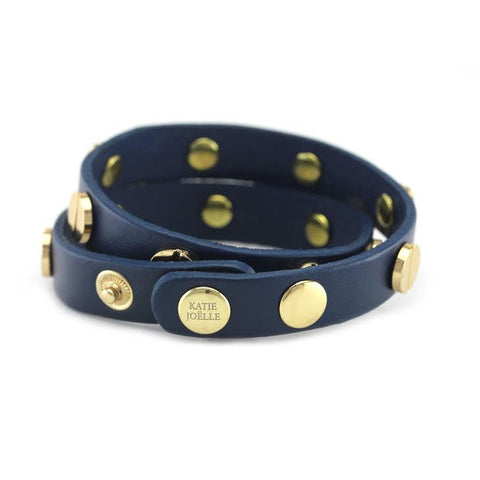 Image of Gold Studded Navy Blue Leather Double Wrap Bracelet