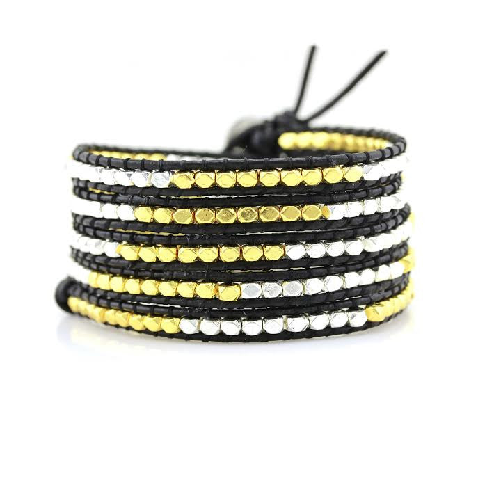Gold and Silver Nuggets on Black Leather Wrap Bracelet