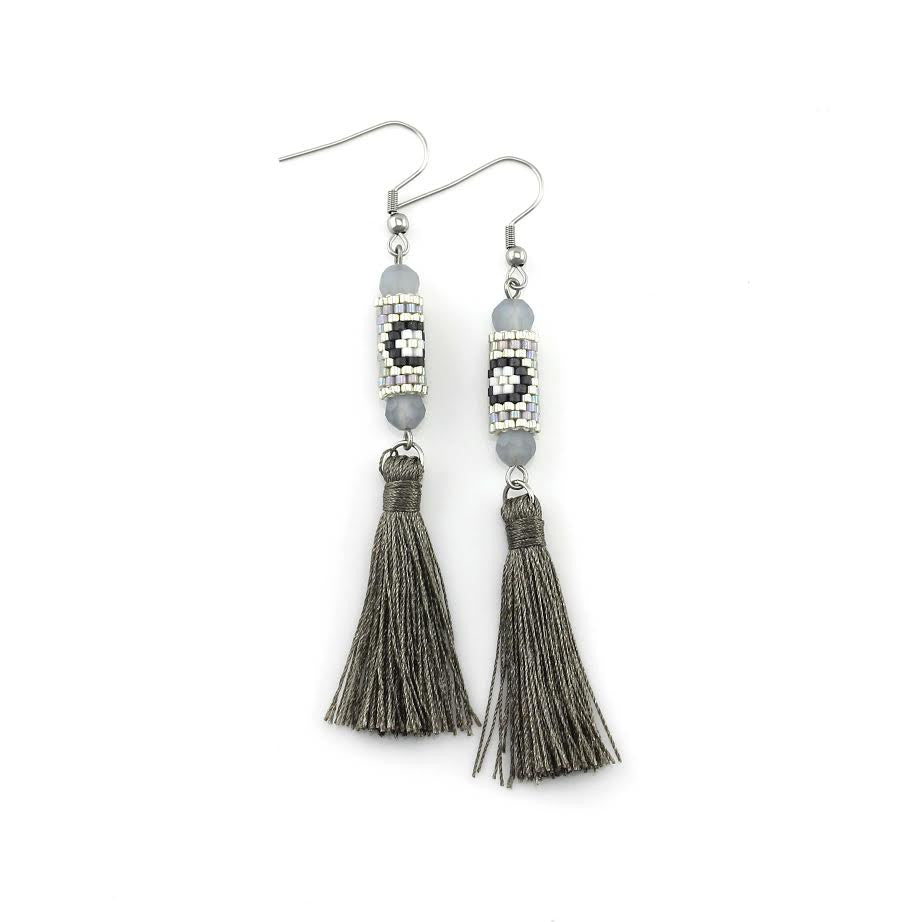 Gray and Silver Miyuki Tassel Earrings