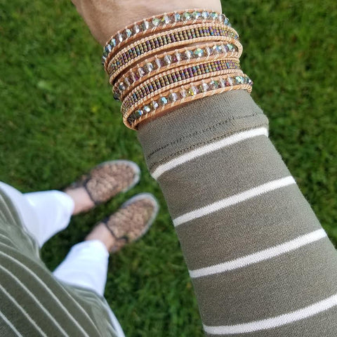 Image of Transparent Green Crystals with Miyuki Glass Seed Beads on Natural Leather Wrap Bracelet