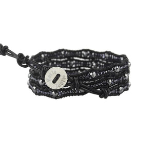 Gunmetal Scalloped Miyuki Glass Sead Beads on Black Leather Wrap Bracelet
