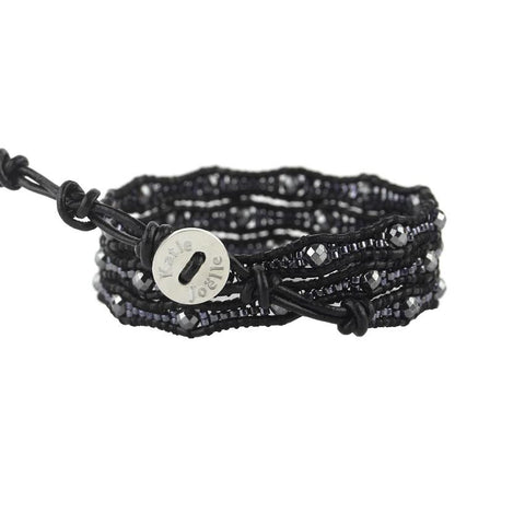 Image of Gunmetal Scalloped Miyuki Glass Sead Beads on Black Leather Wrap Bracelet