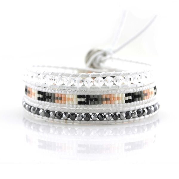 Hematite and Crystal with Miyuki Glass Seed Beads on White Leather Wrap Bracelet