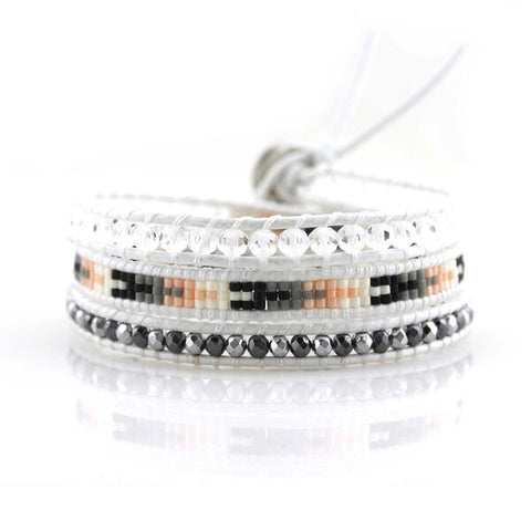 Image of Hematite and Crystal with Miyuki Glass Seed Beads on White Leather Wrap Bracelet