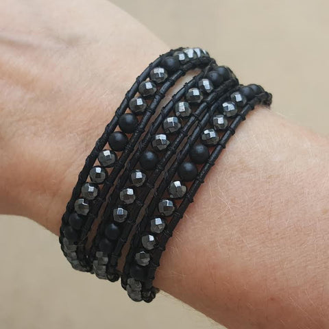 Image of Hematite and Matte Onyx on Black Leather Wrap Bracelet