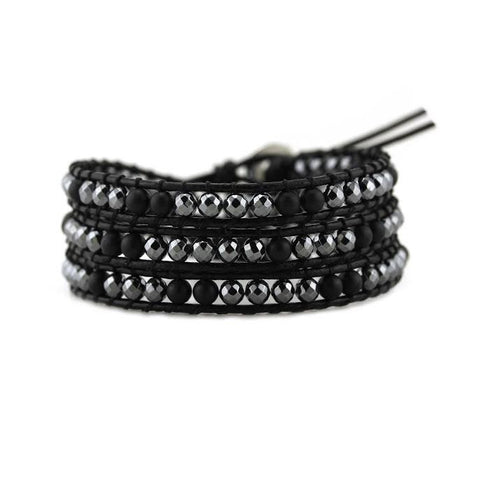 Image of Hematite and Matte Onyx on Black Leather Wrap Bracelet