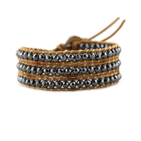 Image of Hematite on Natural Leather Wrap Bracelet