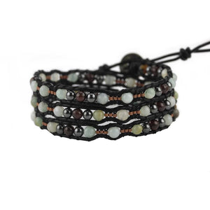 Amazonite Scalloped Wrap Bracelet on Black Leather