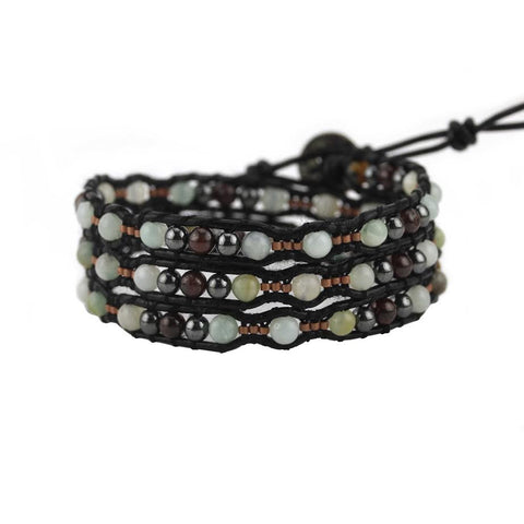 Image of Amazonite Scalloped Wrap Bracelet on Black Leather
