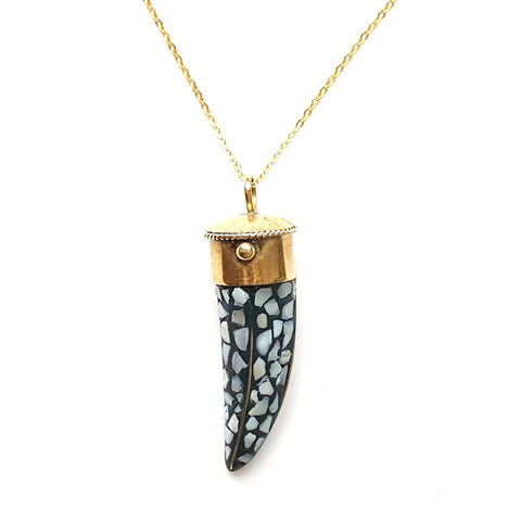 Image of Tibetan Mother of Pearl Brass Horn Long Pendant Necklace