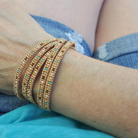Image of Mixed Pastel Miyuki Glass Seed Beads on Natural Leather Wrap Bracelet