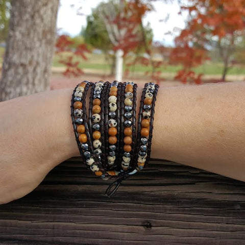 Image of Dalmatian Jasper, Wood Jasper and Hematite on Dark Brown Leather Wrap Bracelet