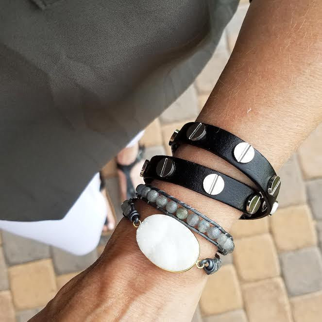 White Druzy and Labradorite Double Wrap Bracelet on Metallic Grey Leather