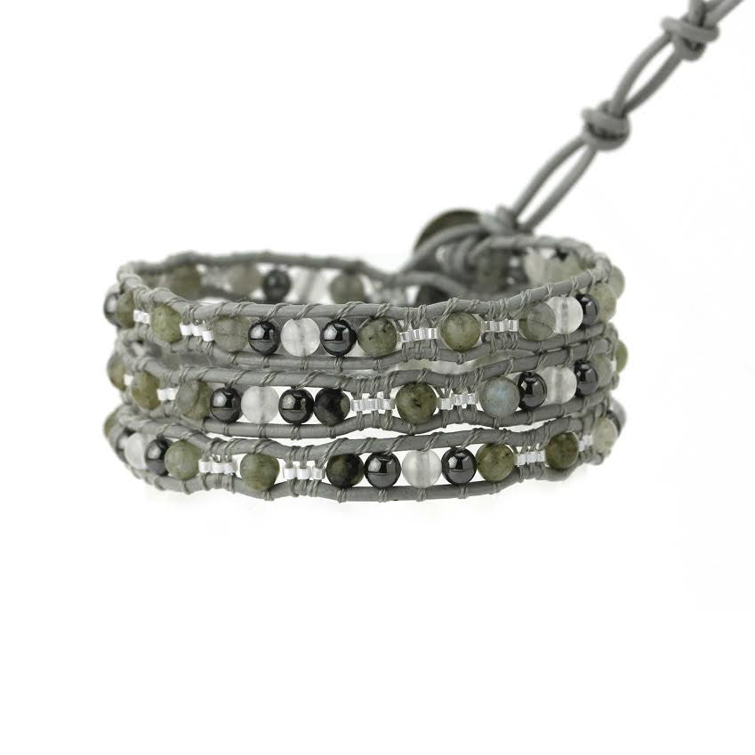 Labradorite and Hematite Scalloped Wrap Bracelet on Gray Leather