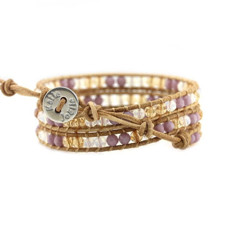 Lavender Mix on Natural Leather Wrap Bracelet
