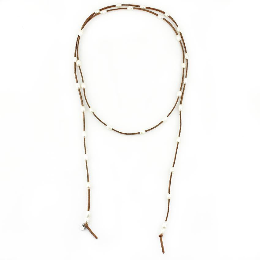 Natural Leather and Freshwater Pearl Wrap Necklace