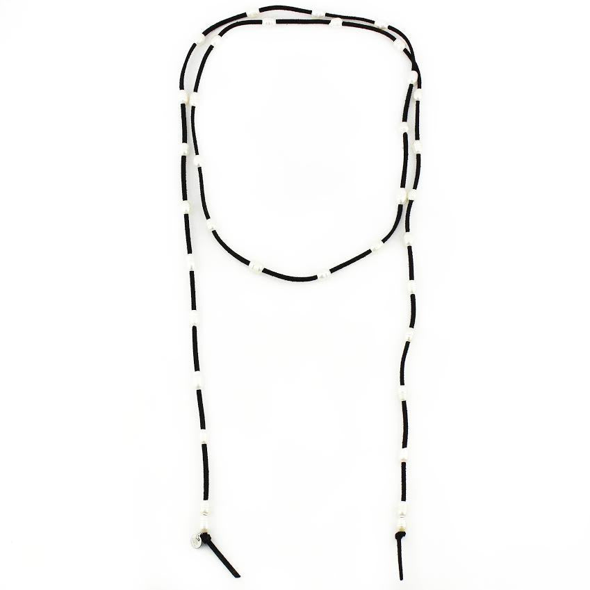 Black Leather and Freshwater Pearl Wrap Necklace
