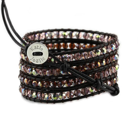 Image of Mauve Mixed Crystals on Dark Brown Leather Wrap Bracelet