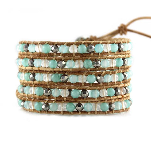 Image of Mint Jade Mix on Natural Leather Wrap Bracelet