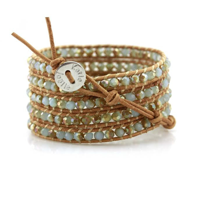 Mint Dorado Crystals on Natural Leather Wrap Bracelet