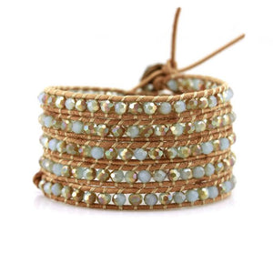 Mint Dorado Crystals on Natural Leather Wrap Bracelet