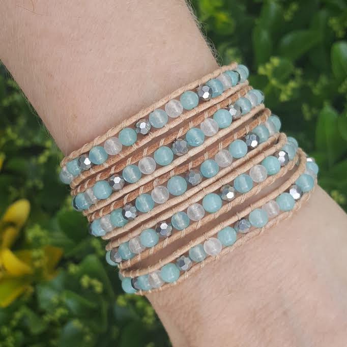 Mint Jade Mix on Natural Leather Wrap Bracelet