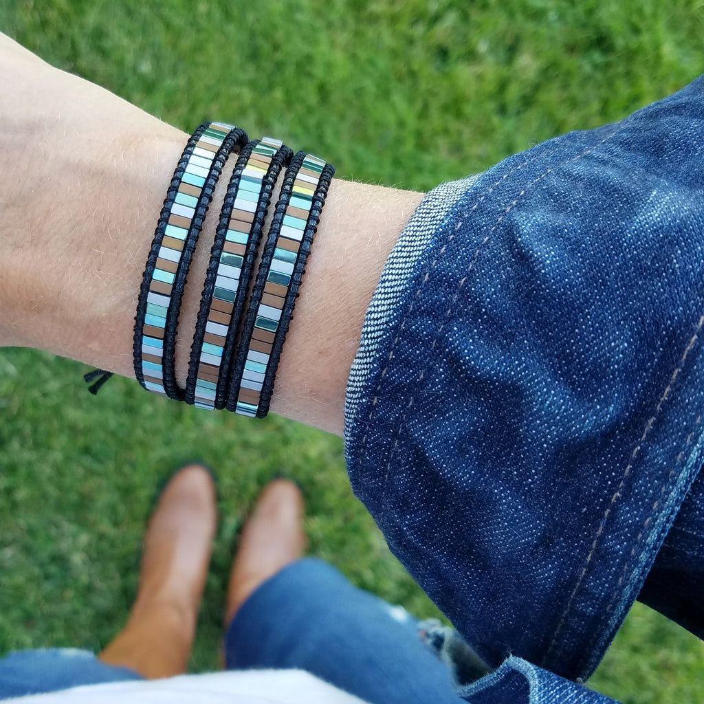 Mixed Hematite on Black Vegan Cord Wrap Bracelet