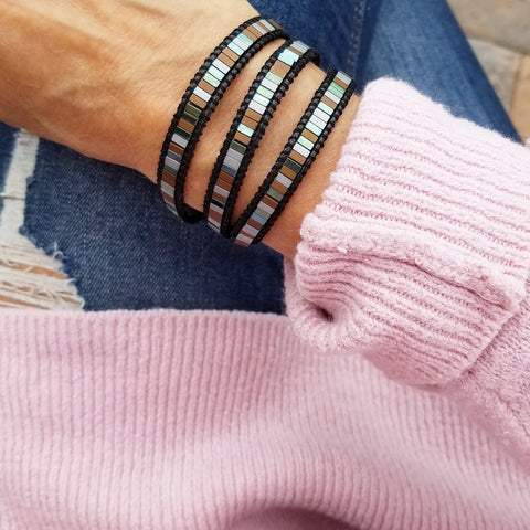 Image of Mixed Hematite on Black Vegan Cord Wrap Bracelet