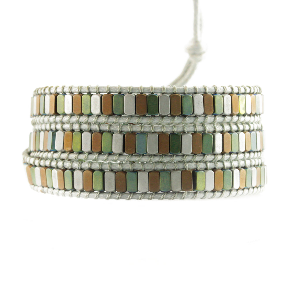 Mixed Hematite on Gray Vegan Cord Wrap Bracelet