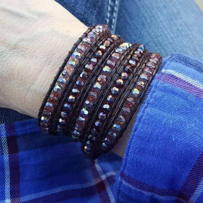 Mauve Mixed Crystals on Dark Brown Leather Wrap Bracelet