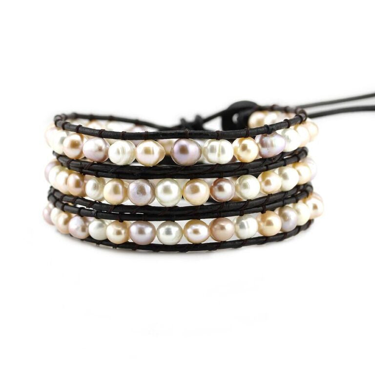 Mixed Pastel Freshwater Pearls on Dark Brown Leather Wrap Bracelet