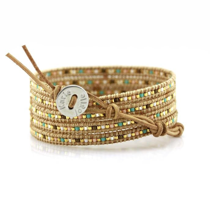 Mixed Pastel Miyuki Glass Seed Beads on Natural Leather Wrap Bracelet