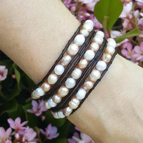 Image of Mixed Pastel Freshwater Pearls on Dark Brown Leather Wrap Bracelet