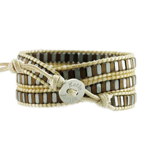 Image of Neutral Mixed Hematite on Heather Beige Vegan Cord Wrap Bracelet