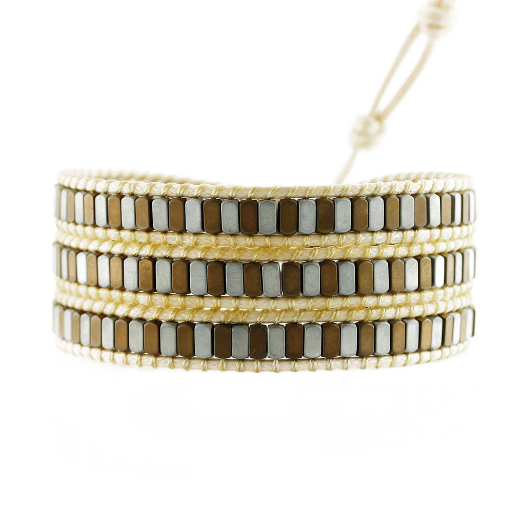 Neutral Mixed Hematite on Heather Beige Vegan Cord Wrap Bracelet