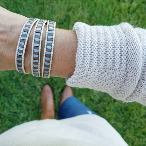 Image of Neutral Mixed Hematite on Heather Beige Vegan Cord Wrap Bracelet