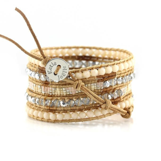 Peach Crystals with Miyuki Glass Seed Beads on Natural Leather Wrap Bracelet