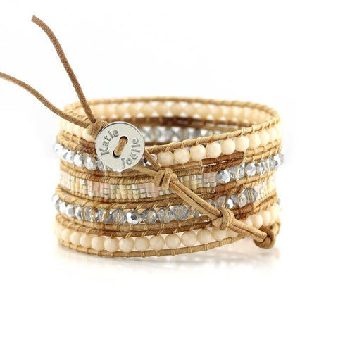 Image of Peach Crystals with Miyuki Glass Seed Beads on Natural Leather Wrap Bracelet