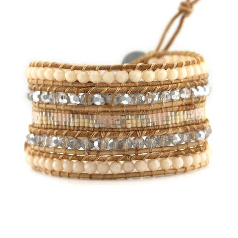 Image of Peach Crystals with Miyuki Glass Seed Beads on Natural Leather Wrap Bracelet