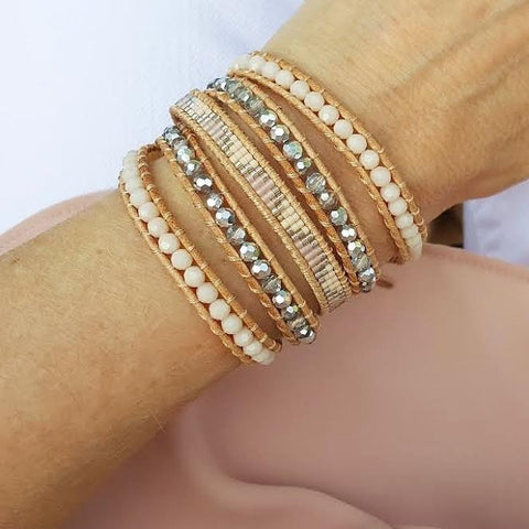 Image of Peach Crystals with Miyuki Glass Seed Beads on Natural Leather Wrap Bracelet