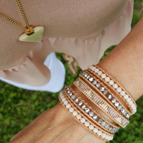 Image of Peach Crystals with Miyuki Glass Seed Beads on Natural Leather Wrap Bracelet