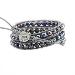 Peacock Blue Freshwater Pearls on Grey Leather Wrap Bracelet