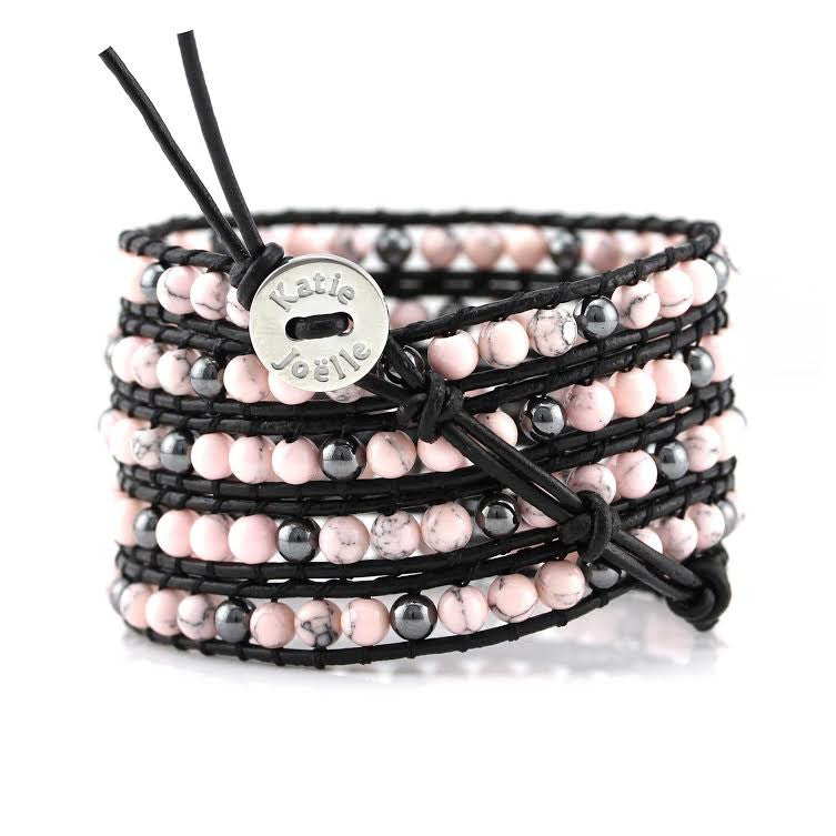Pink Howlite and Hematite on Black Leather Wrap Bracelet