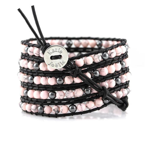 Image of Pink Howlite and Hematite on Black Leather Wrap Bracelet
