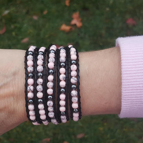 Image of Pink Howlite and Hematite on Black Leather Wrap Bracelet