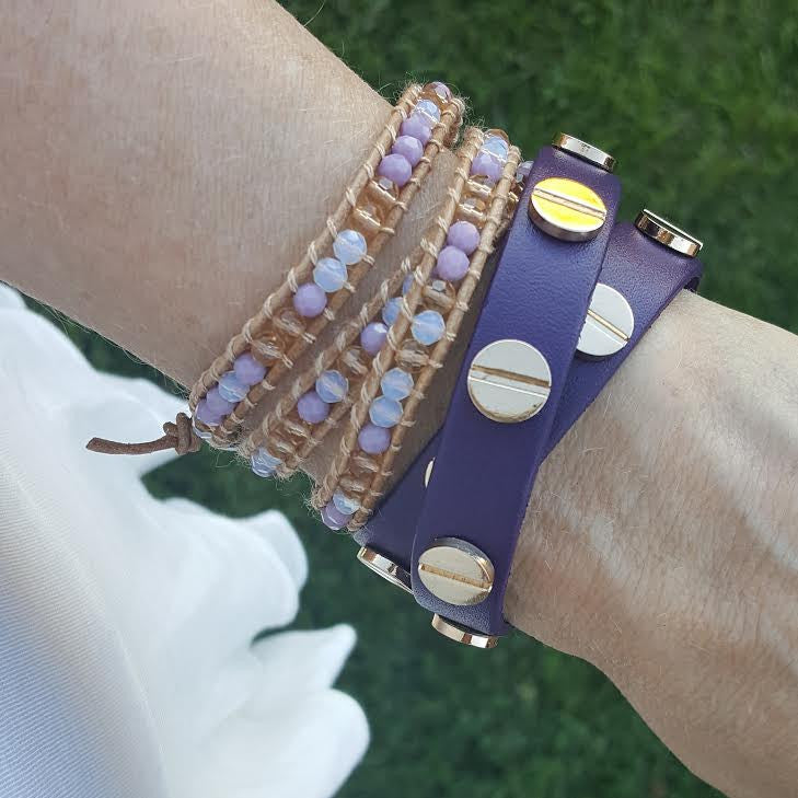 Gold Studded Purple Leather Double Wrap Bracelet