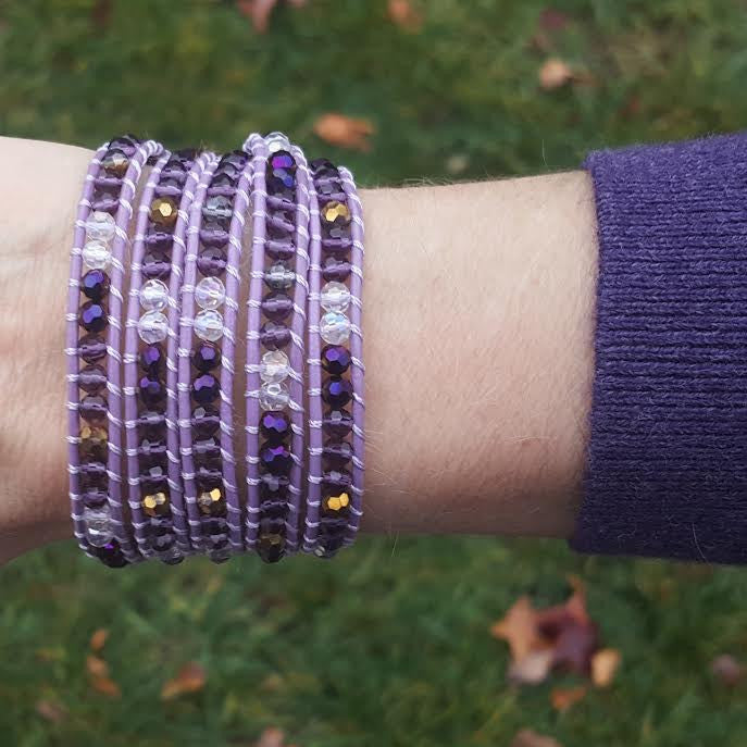 Purple Mixed Crystals on Purple Leather Wrap Bracelet
