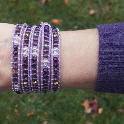 Image of Purple Mixed Crystals on Purple Leather Wrap Bracelet