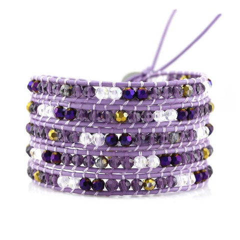 Image of Purple Mixed Crystals on Purple Leather Wrap Bracelet