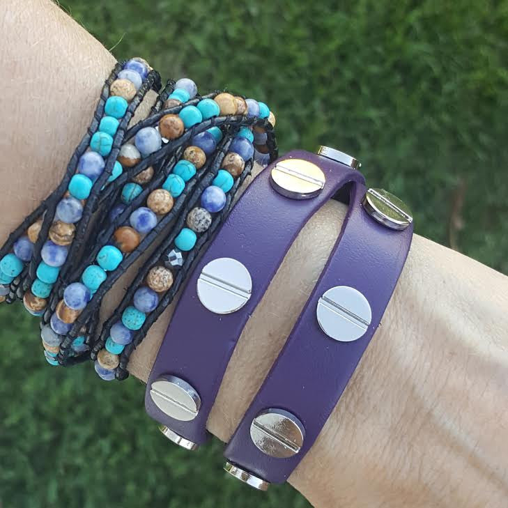 Silver Studded Purple Leather Double Wrap Bracelet